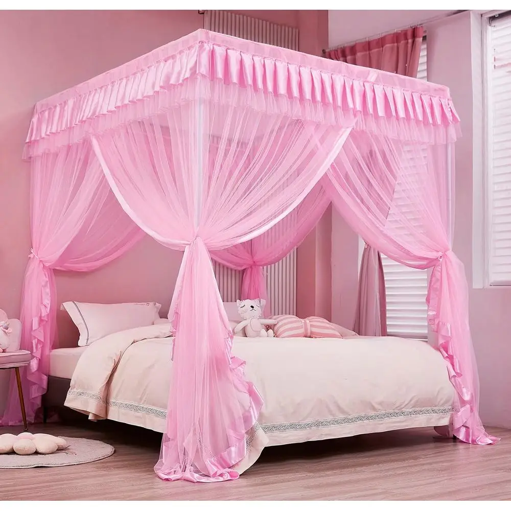 4 s Post Bed Curtains or Girls Full Size - Royal Luxurious Cozy Drape Bed Canopies Netting or Kids Adults - Cute Princess Bedroo