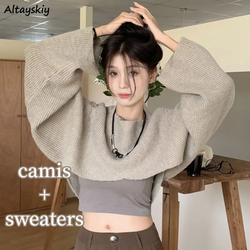 

Two Pieces Sets Women Autumn Fashion Vintage Cropped Sweaters Camis Young Ladies Korean Style Ins Chic Streetwear Hot New Simple