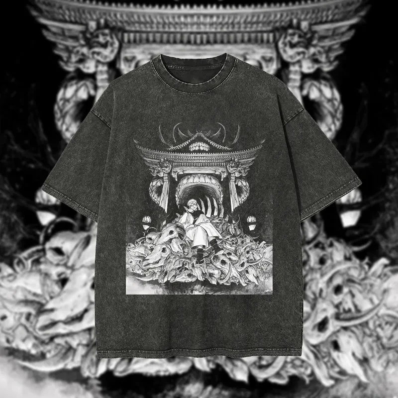 

Футболка Jujutsu Kaisen Sukuna с принтом «Череп на троне», мужская, оверсайз, в стиле стритвир, с эффектом кислотной стирки, аниме, хлопок, винтажная, с изображением злого священного места