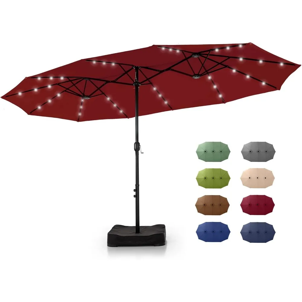

Large 15-Foot Rectangle Solar-Powered Patio Umbrella with Crank and Base, Double-Sided Market Style