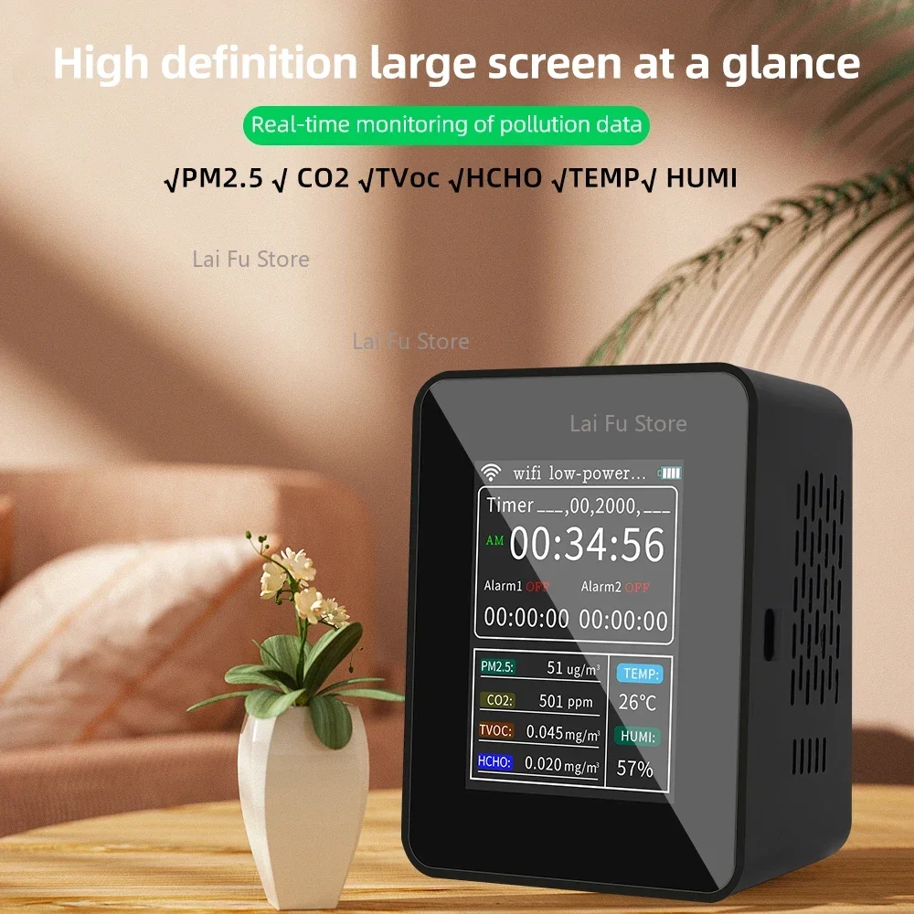 6 In 1 WiFi Smart Air Quality Monitor Detector CO2 PM2.5 TVOC HCHO TEMP HUMI Detectors With Alarm Timer Mobilephone APP Remotes