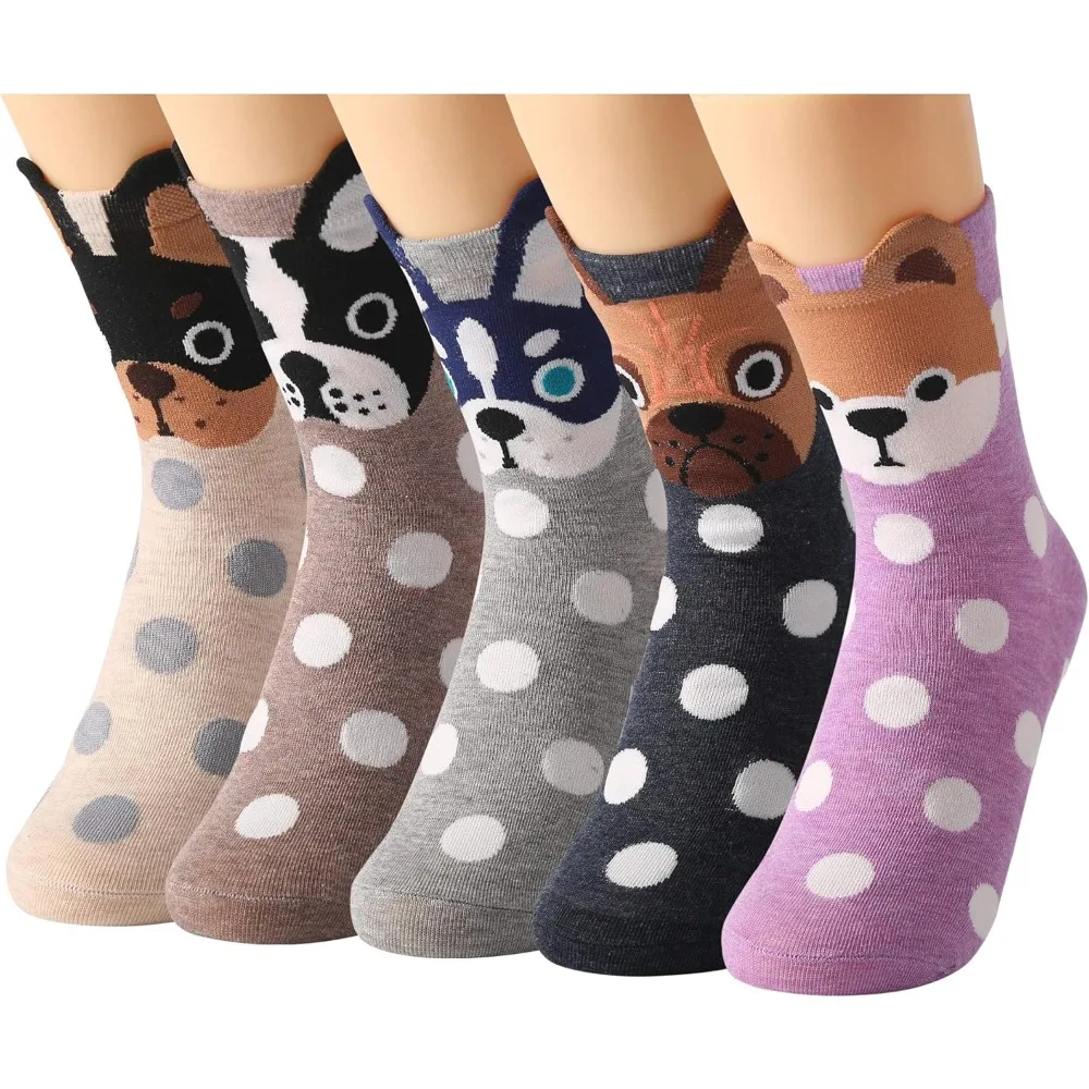 5 Pairs Womens Cute Animal Casual Socks, Girls Fun Cozy Cat Dogs Sock