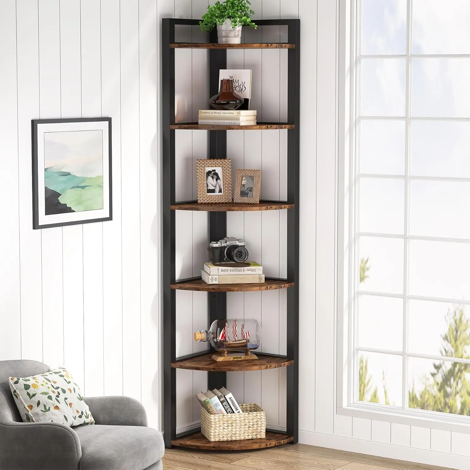 Tribesigns 6 Tier Corner Shelf, 70.9 Inch Tall Corner Bookshelf Small Bookcase Rustic Corner Shelving Unit Storage Rack