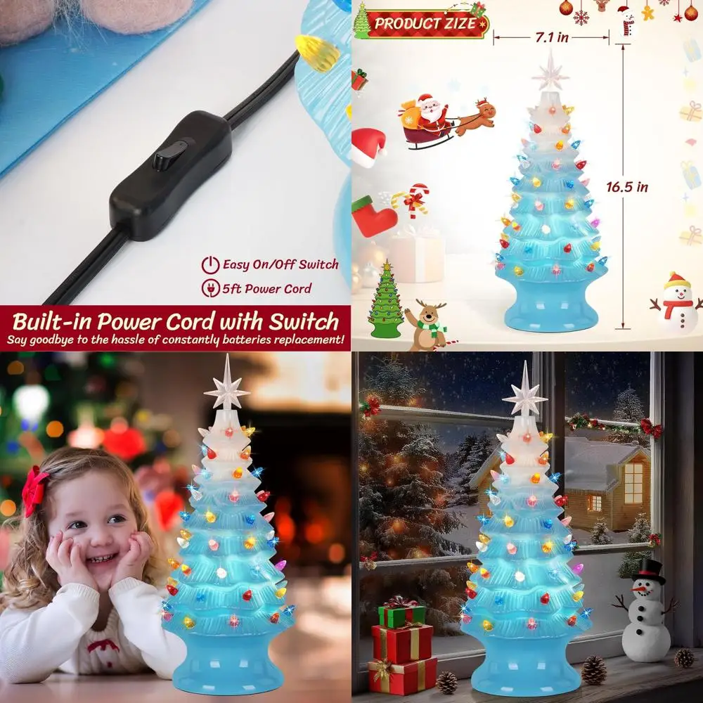 

16,5-дюймовая рождественская елка из смолы с ручной росписью и предварительной подсветкой, многоцветная светодиодная подсветка, настольный декор с керамической синей отделкой