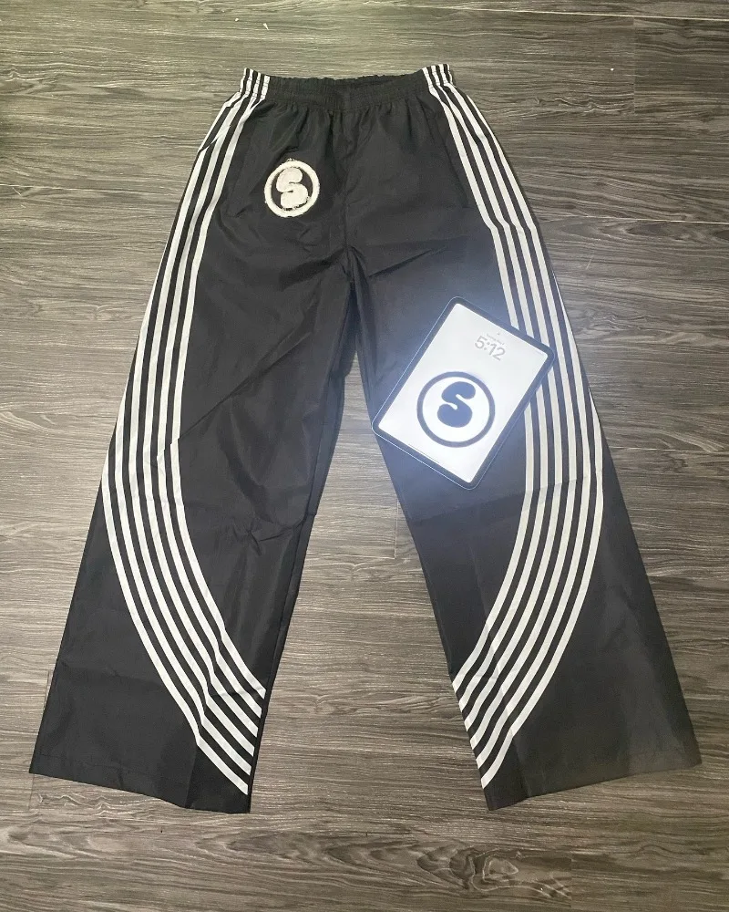 American retro black stripes pantaloni dritti larghi donna street style Harajuku elastico in vita pantaloni a gamba larga pantaloni sportivi casual