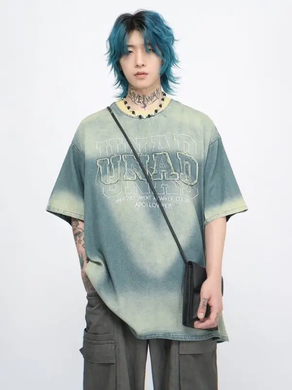 

Foufurieux American Retro Tie Dye Patchwork Short Sleeve Oversized Tshirt Men Top Summer Trendy Couple Loose Casual T-shirt