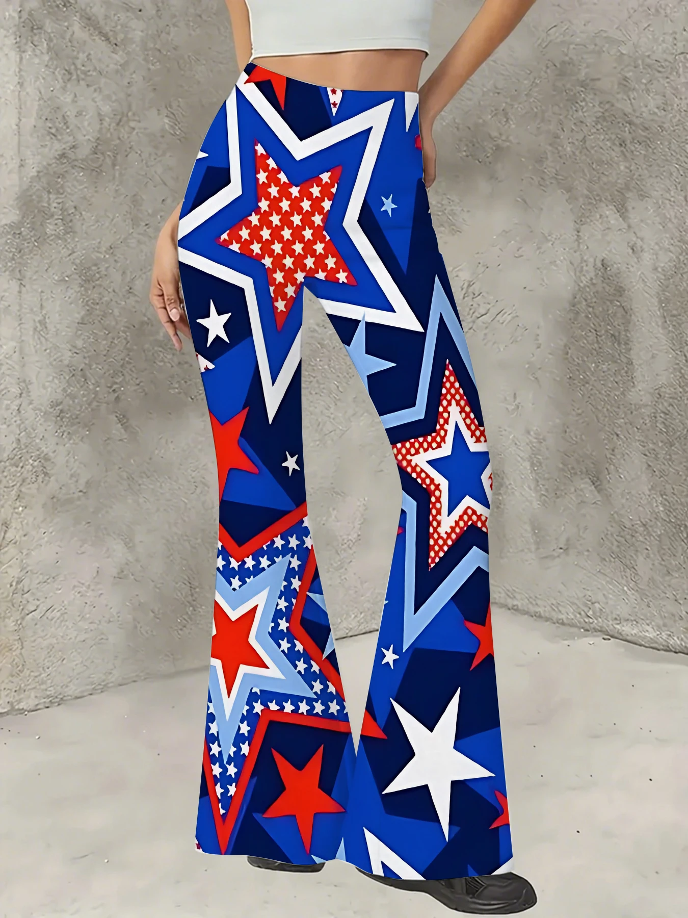 

Y2K Graphic Print Flare Pants Women High Waist Knit Bell Bottom Trousers