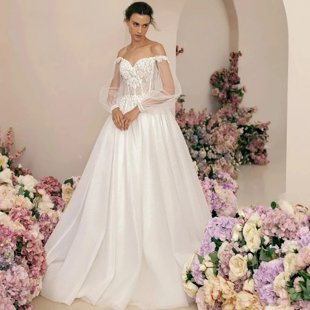 Customized Heart Off Shoulder Bridal Dresses Detachable Sheer Puff Floral Lace Fitted Waist Sparkle Tulle A Line Floor Gown
