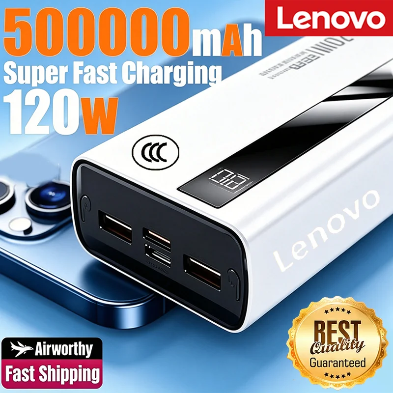 Lenovo 500000mAh Large Capacity 3C PowerBank 120W Fast Charging Portable LED External Battery Pack For iPhone15-17 Huawei 2027