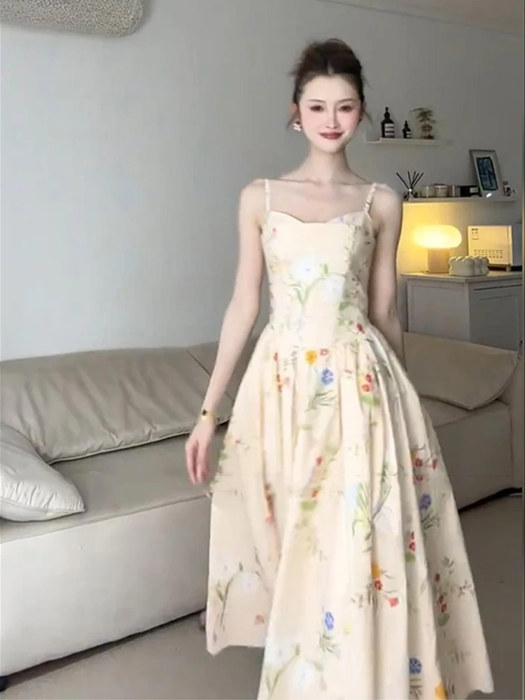 ผู้หญิงฤดูร้อนภาพวาดสีน้ํามันพิมพ์ดอกไม้ A-Line Camisole ชุดยาวภาษาฝรั่งเศสคําสไตล์ High-end Evening Praty งานแต่งงานยิงชุด