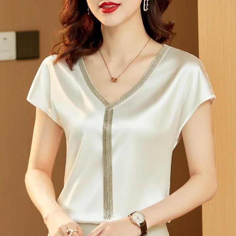 Office Lady Casual Loose Tops Mujer Satin Blouse Women Summer Short Sleeve Shirt Solid Fashion Tassel V-neck Clothes 15494