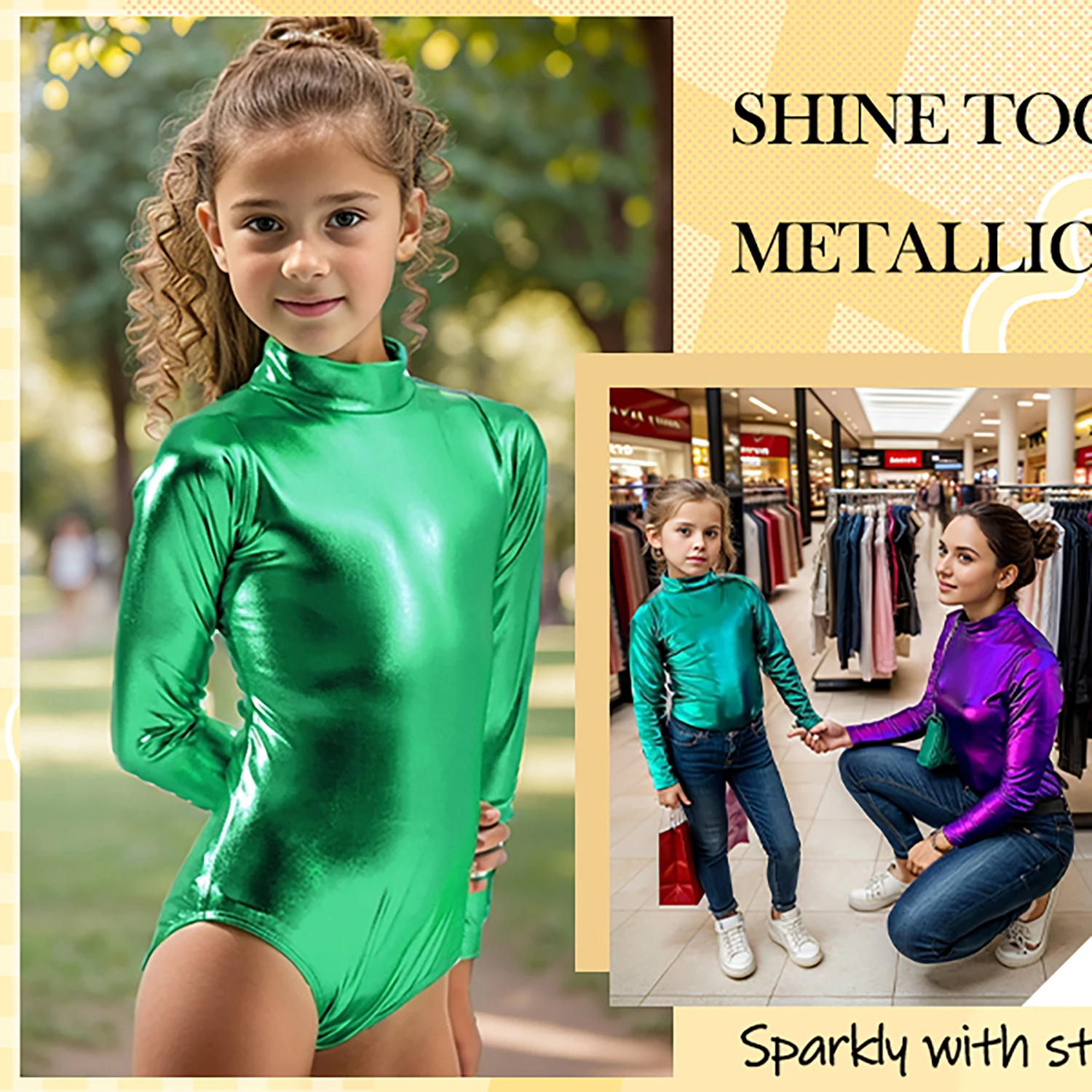 AOYLISEY filles métallique Unitard enfant en bas âge brillant culbutage gymnastique danse justaucorps col montant fermeture éclair manches longues dos body