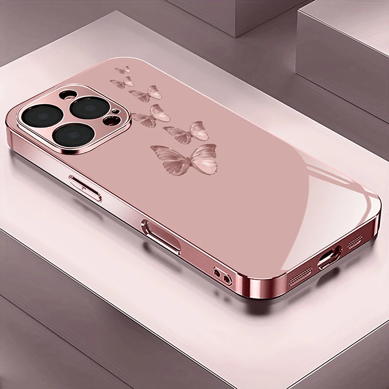 Funda de Teléfono de Vidrio Templado Metálico Rosa con Diseño de Mariposa Rosa para iPhone 17 16 15 14 13 12 11 Pro Max 15 Plus 17 Air 16E