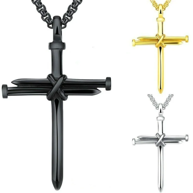 Mens Jewellery Black Stainless Steel Necklace Men Nail Cross Pendant Chain Necklace Christian Church Gothic Accessories Collar