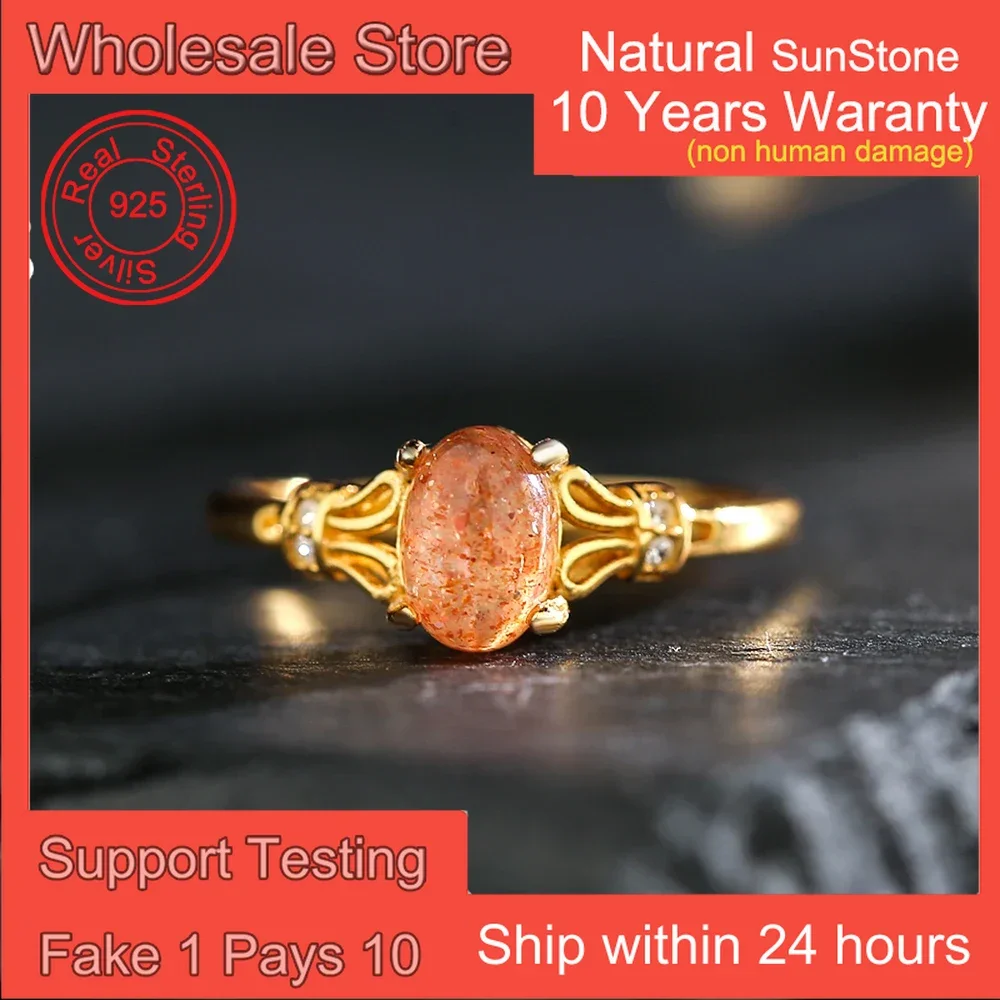 

100% Natural Sunstone Women's Ring 925 Sterling Silver 18k Gold Plated Gemstone Rings Adjustable Wedding Bands Jewelry Gifts