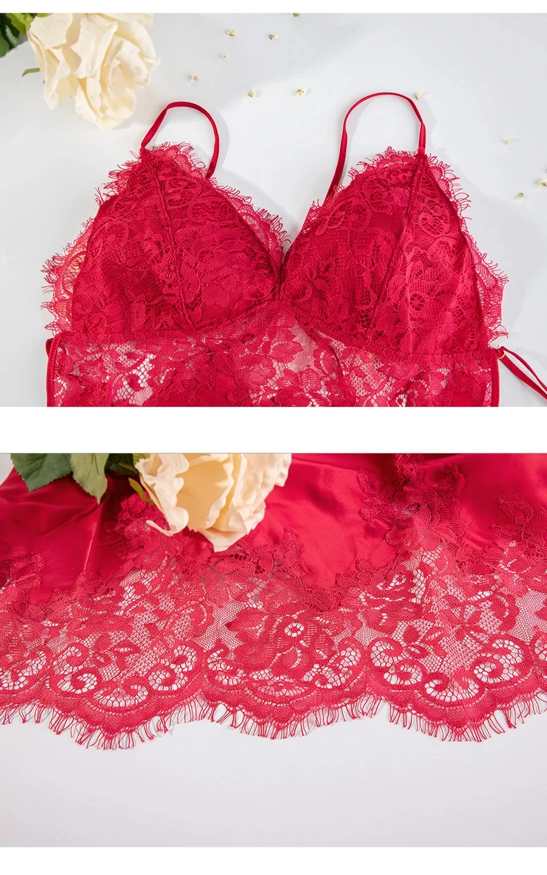Backless Cross Strap Nacht Schlaf Kleid Frauen Unterwäsche Dessous Sling Spitze Stickerei V-ausschnitt Sexy Nachthemd Seide Nachthemd – Detail 3