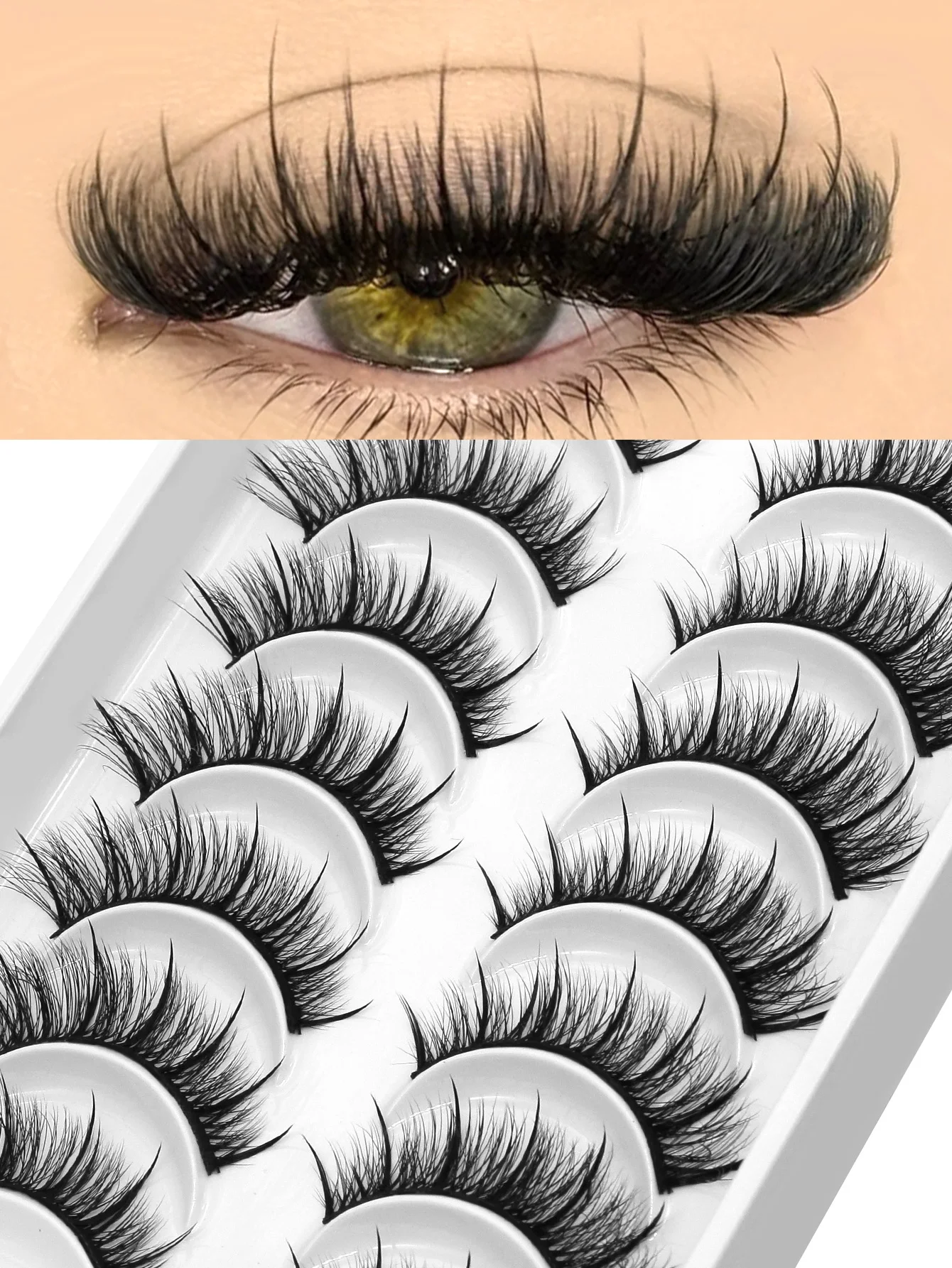 Lasvirey Cílios postiços naturais estilo olho de gato, volumosos e com efeito molhado, estilo mangá, com curvatura natural, macios e delicados, em tira completa, de vison sintético para extensão de maquiagem.