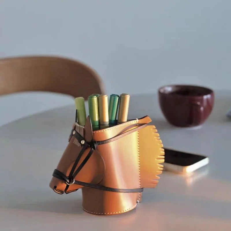 Luxury Leather Horse Shape Pen Holder Storage Holder, Desktop Decor Pencil Organizer, Remote Control and Makeup Brush Holder