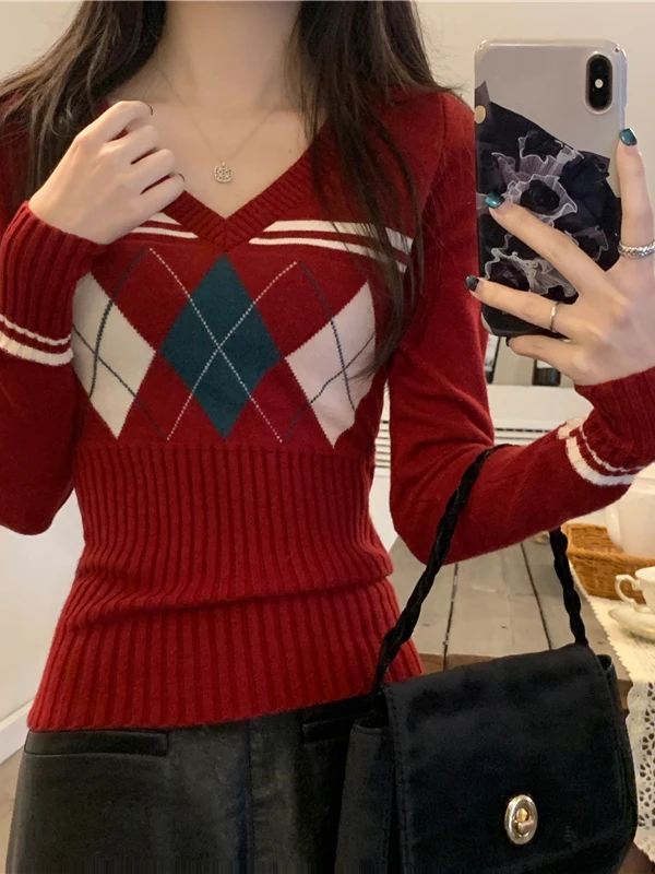 

Korean Sle Slim Fit V-Ne Knitwear Women's Spring Autumn 2026 New Color Blo Waist Cinching Slimming Base Layer Vintage S...