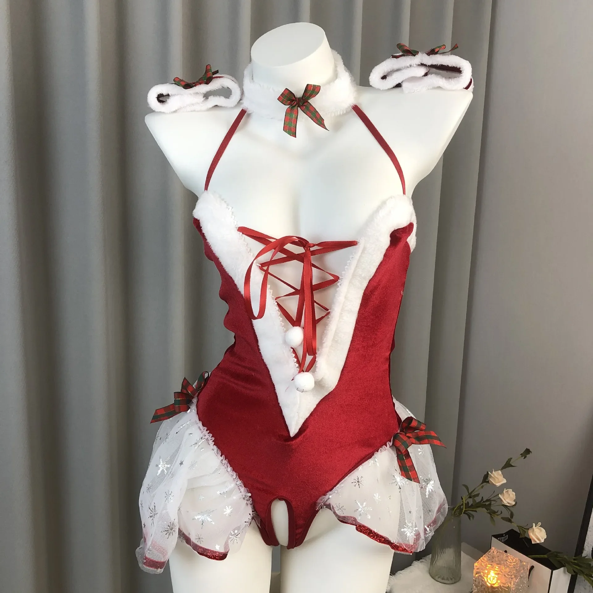 

Рождественское платье Lovermore, комплект нижнего белья, боди, кружевная прозрачная юбка, порно наряд, сексуальный комбинезон, колготки, эротический костюм