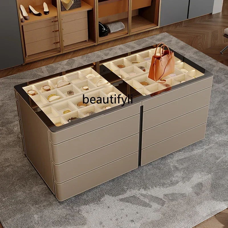 Italian Luxury Jewelry Storage Cabinet Large Capacity Double-Sided Drawer Cloakroom Island Lighted Cabinet for Home Organization