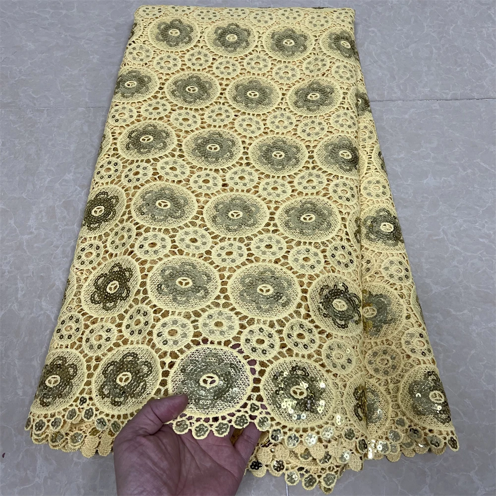 High Quality African Lace Fabric 2024,Cotton Fabrics By The Meter,Embroidery,Sequin,Linen,Wedding Dresses,Tulle,Gold,5 Yards