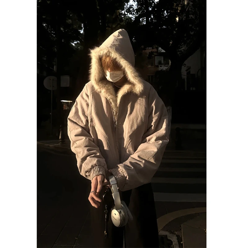 Men's Winter Cotton Jacket Lamb Velvet Hooded Coat Large Fur Collar Workwear Short Cleanfit Style Casual Loose Fit Zipper Clo...