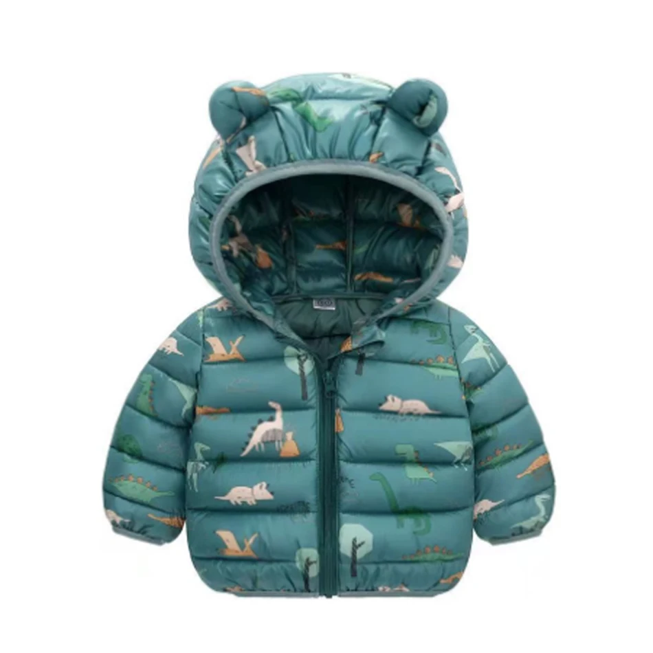 Children Boys Baby Hooded Lightweight Down Jackets Warm Outerwear Autumn Kids Girls Coats Cartoon Dinosaur Print Casual Clothing