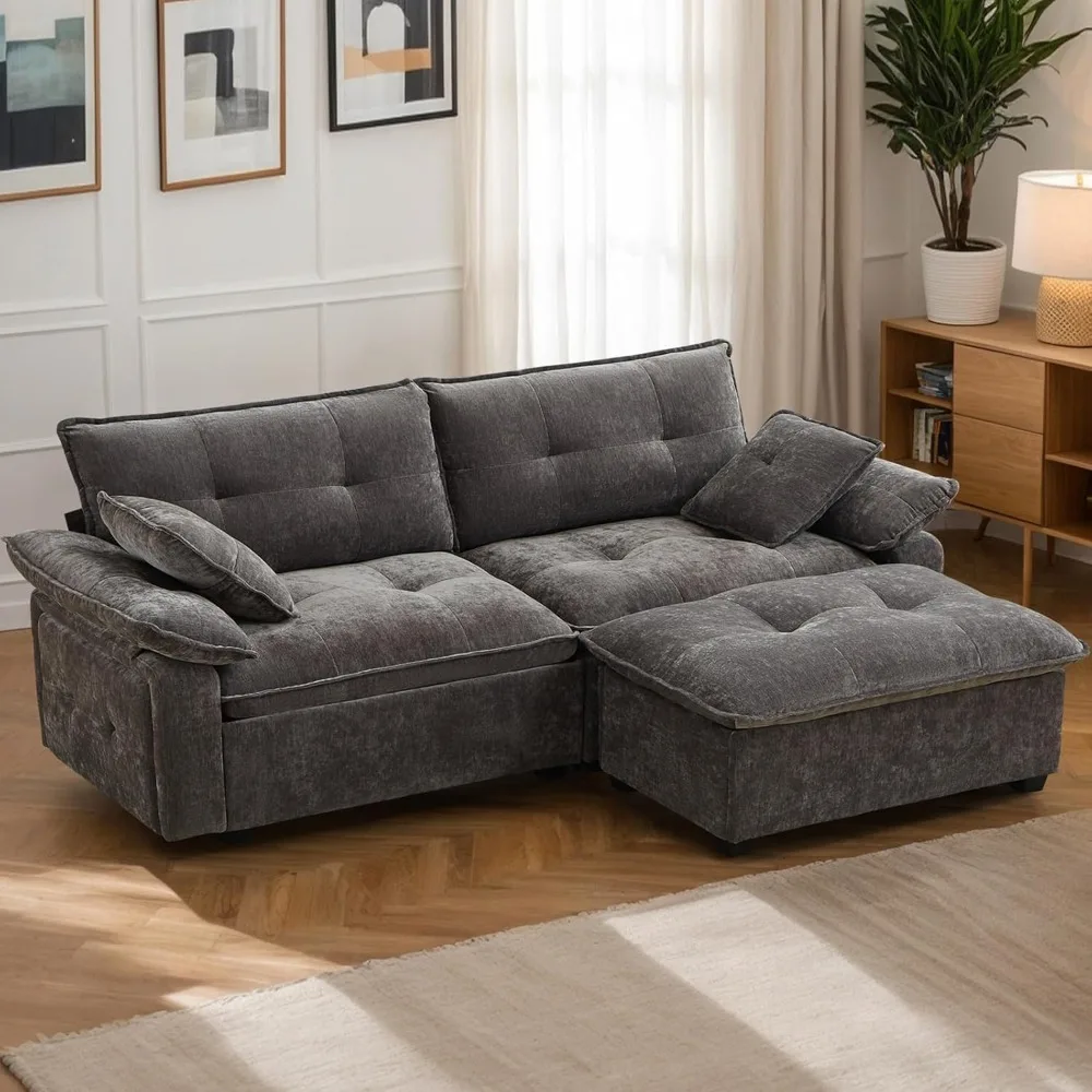 

"L-Shaped Modern Sectional Sofa with Ottoman, Comfortable Chenille Cloud Couch, 2-Seater with Throw Pillows"