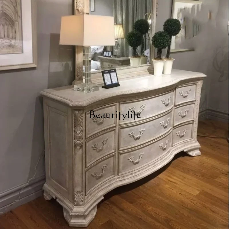 

*American solid wood storage chest French retro old carved dresser furniture