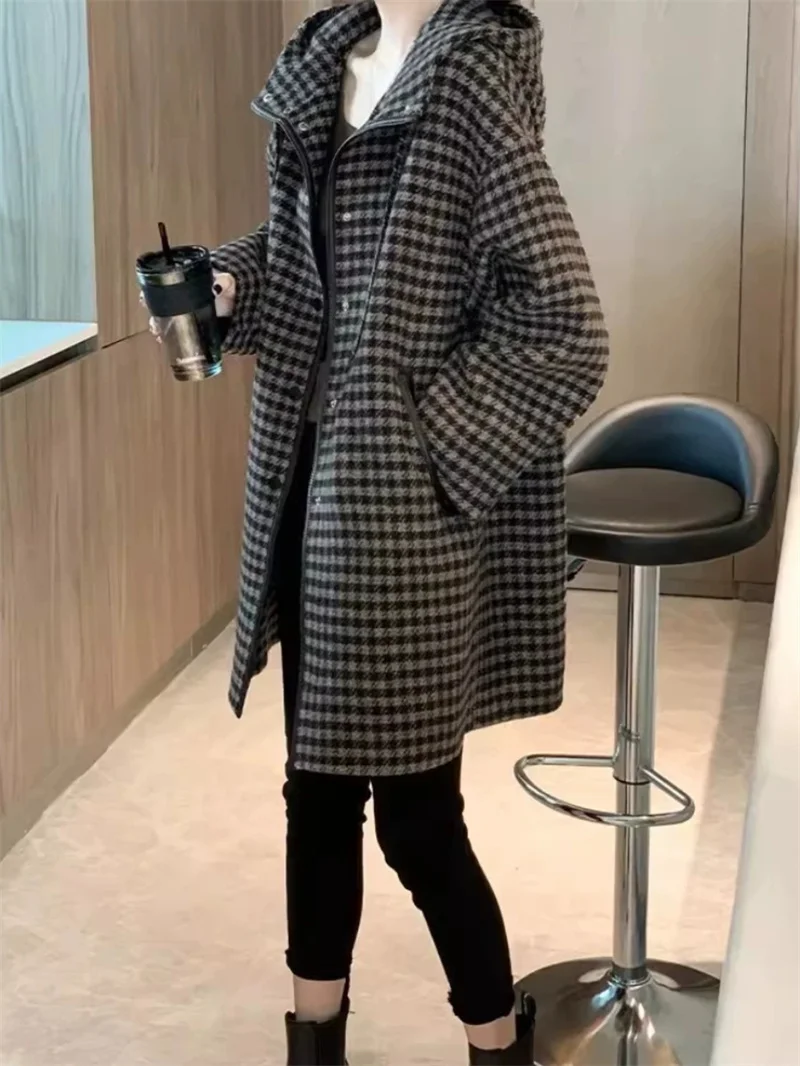 Plaid Hooded Loose Mid Length Wool Double Layer Coat Autumn and Winter 2024 New Loose and Versatile European Style High-end Coat