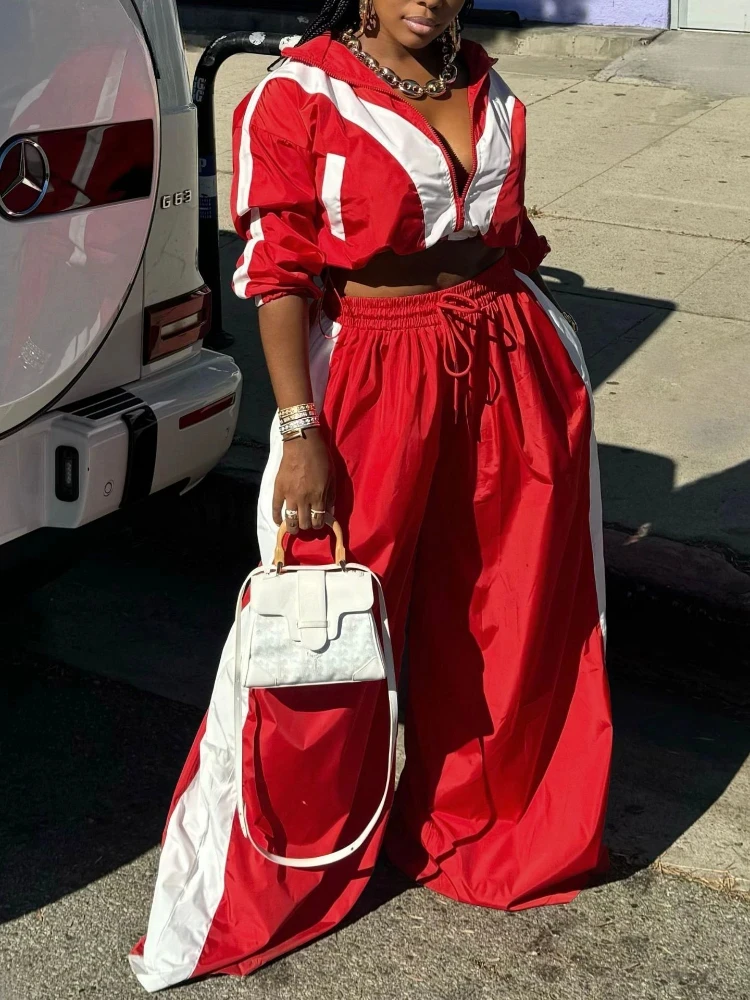 

BWQ Active Patchwork Women's Set Zipper Sweatshirt Jacket and Wide Leg Pants Suit 2025 INS Two 2 Piece Sets Outfit Tracksuit