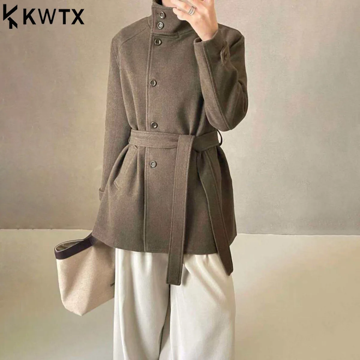 

KWTX, осень-зима 2022, женское винтажное однотонное шерстяное пальто с воротником-стойкой, однобортное, с поясом и карманами, длина миди, элегантное