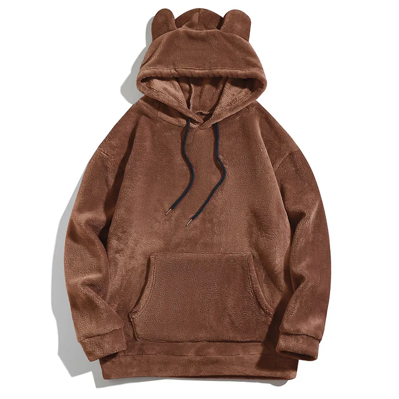 Herren Flauschiger Fleece-Hoodie mit Bärenohren, Kordelzug, Kängurutasche, Locker Geschnitten, Herbst-Winter, Alltagstauglich, Warm, Langarm-Pullover – Detail 17