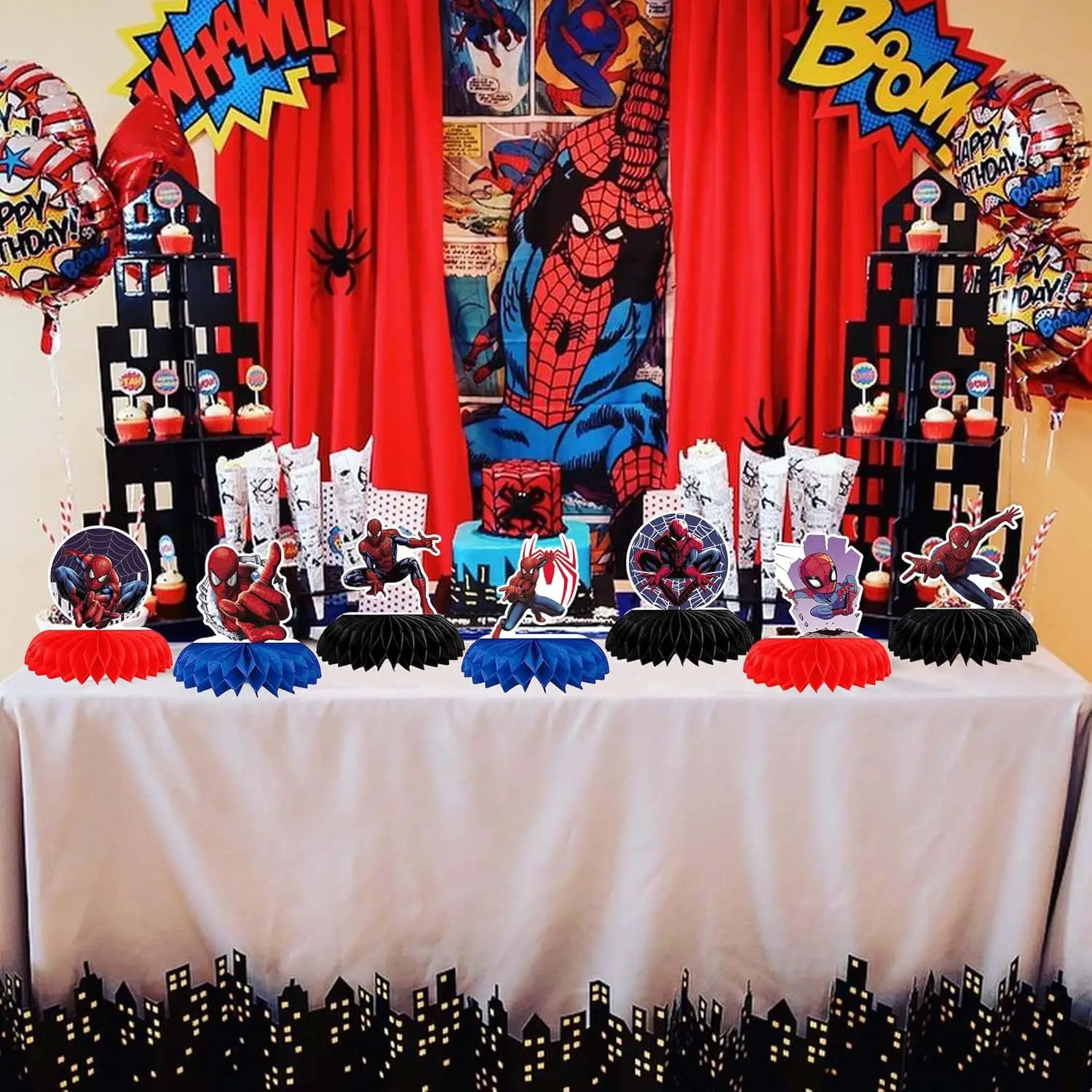 Spider-Man party supplies superhero honeycomb birthday cake topper Avengers table decorations view 4