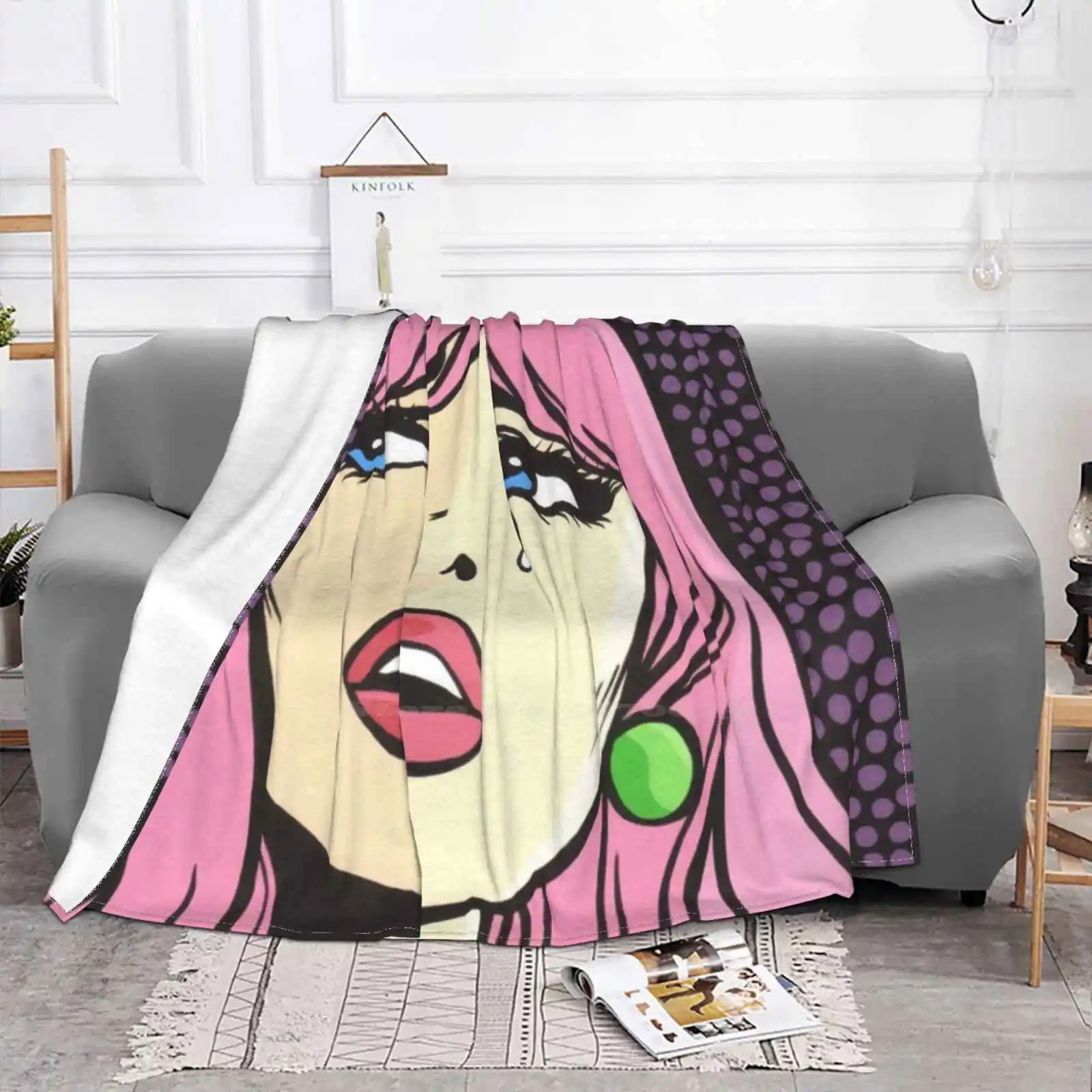 Pink Pop Art Crying Comic Girl Best Selling Room Household Flannel Blanket Pink Hair Pastel Hair Vintage Romance Comics Comic