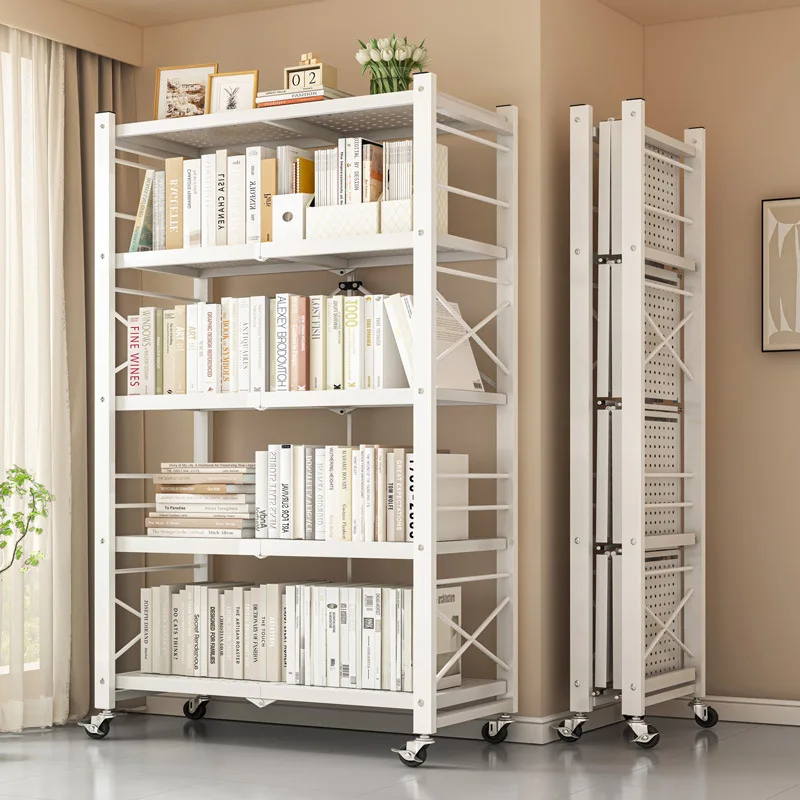 

foldable metal bookshelf white simple wheeled removable Storage shelf Installation free estantería organizador home furniture