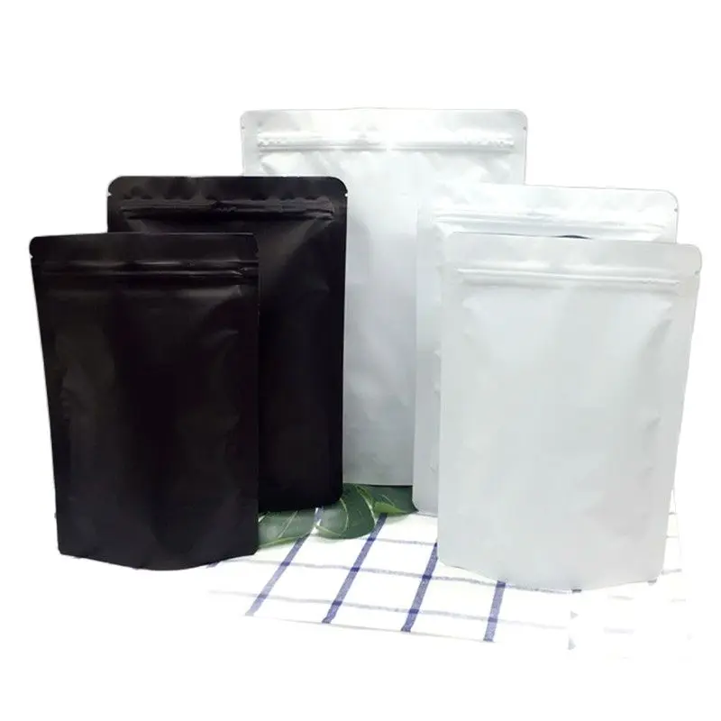 

100pcs Stand up Matte Black/White Foil Zip Lock Bag Coffee Powder Nuts Chocolate Spice Resealable Storage Heat Sealing Pouches