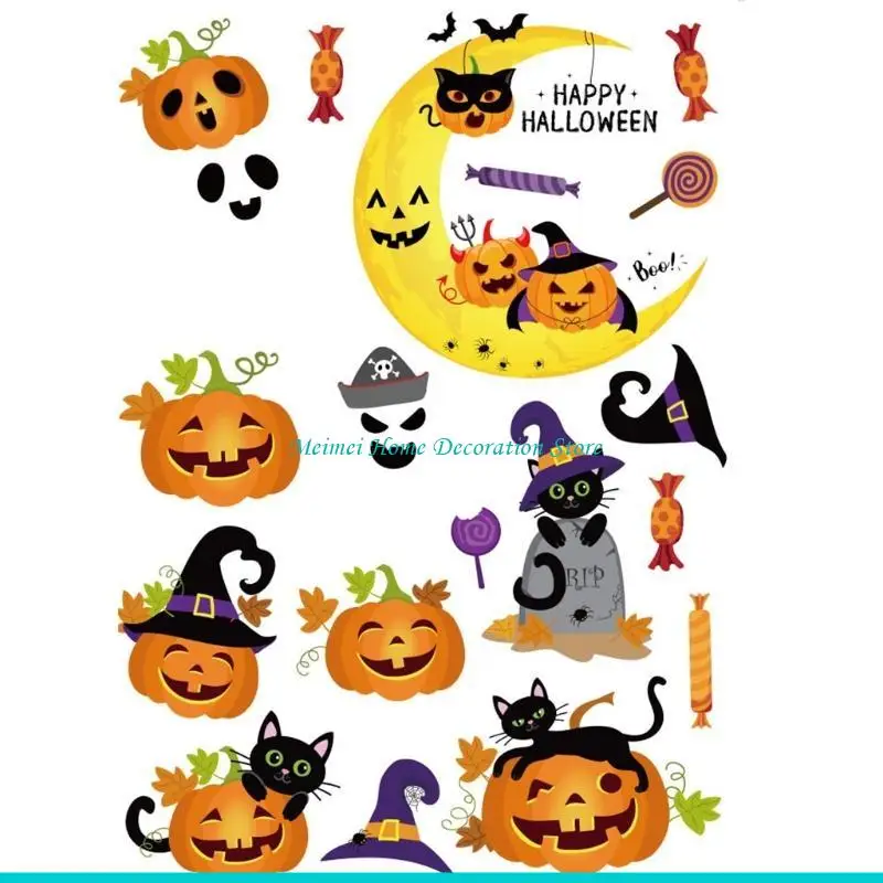 H7BF قابلة للإزالة هالوين جدار ملصقات الرعب ساحرة النافذة اليقطين كربات لعيد الهالوين حفلة المنزل الجدار شارات زجاجية