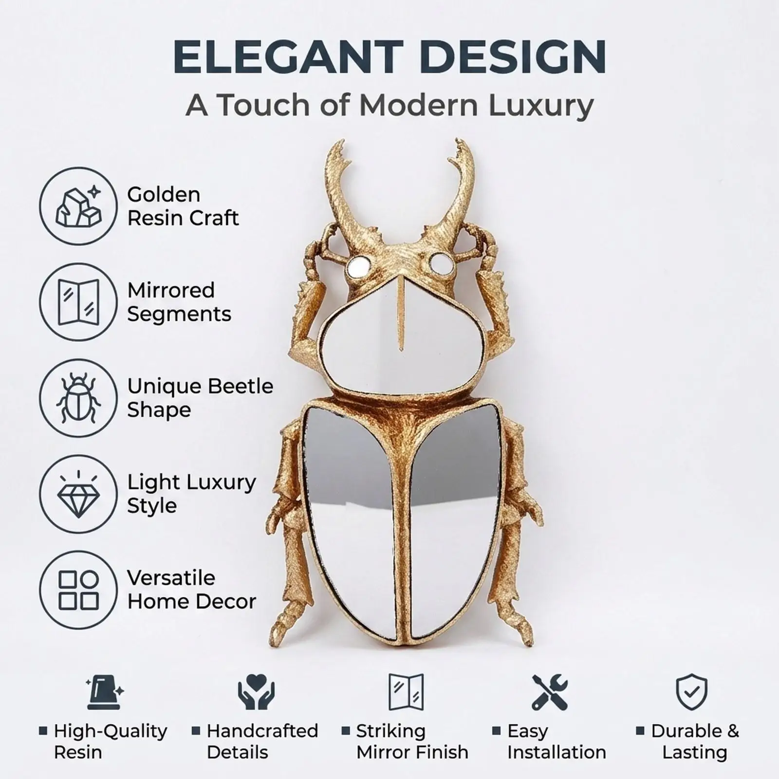 Luxury Resin Beetle Mirror Wall Decor Minimalist Wall Art Sculpture for Home Office Hallway Decoration