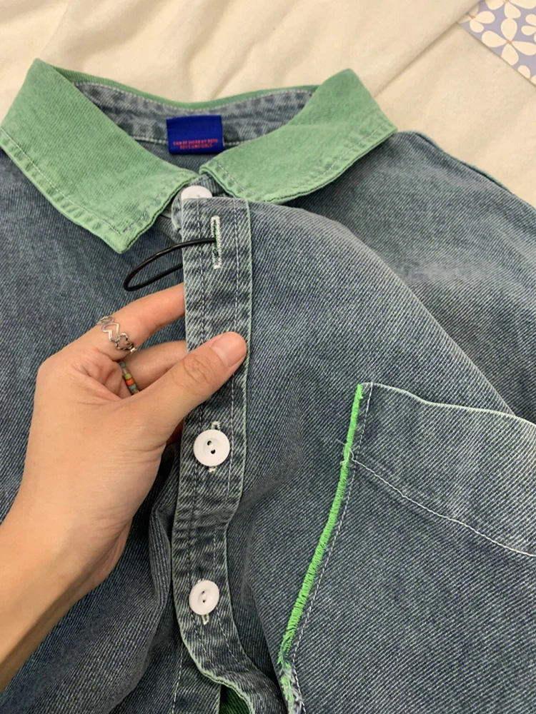 Retro Blue Denim Shirts For Women Spring Autumn Casual Loose Student Long Sleeved Jackets Fashion Patchwork Commuting Thin Tops