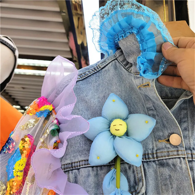 Autumn Mesh Sequins Embroidery Blue Frayed Edges Women Short Denim Jacket Three-dimensional Flower Long Sleeve Jeans Streetwear