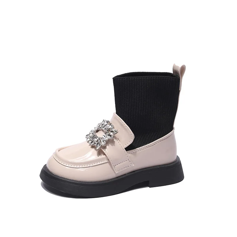 Children Ankle Boots Sock Girls Patent Leather Autumn Chelsea Boots Kids Rhinestone Shoe Black Fashion Kids Sneakers 3-12 Year