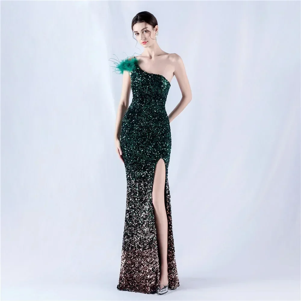 

Summer Long Dresses Gradient Velvet Bottom Sequin Embroidery Ostrich Feather Shoulder Slanted Collar High Slit Evening Dress