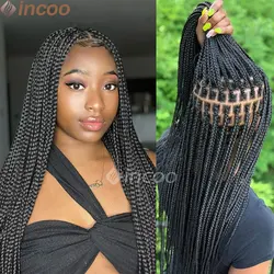 Perruques tressées carrées sans nœuds pour femmes noires, Full Lace Frmetals, Baby Hair, Synthetic Box, 36 amaran, New Arrival