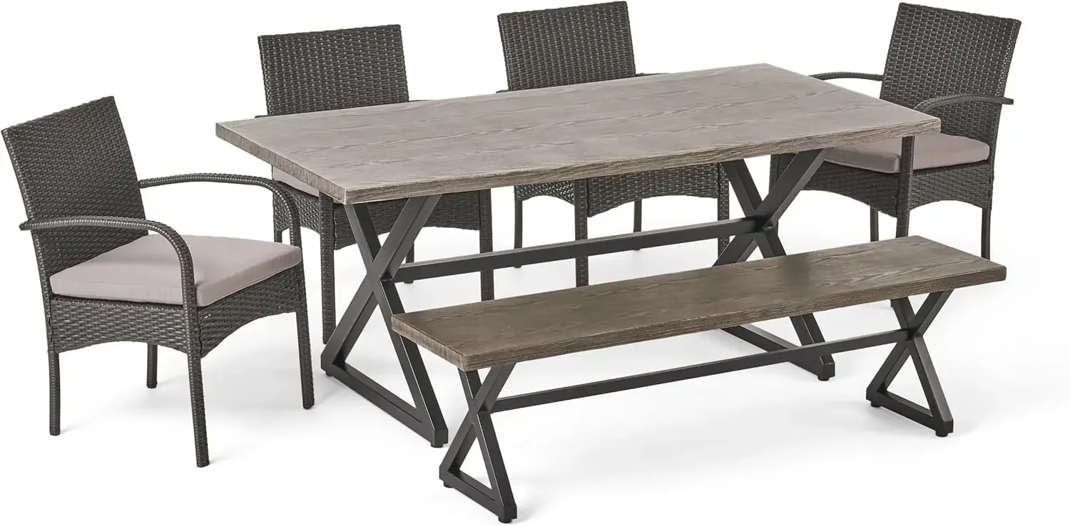 Martinique Outdoor 6 Piece Aluminum Set with Bench Wicker Dining Chairs with Grey