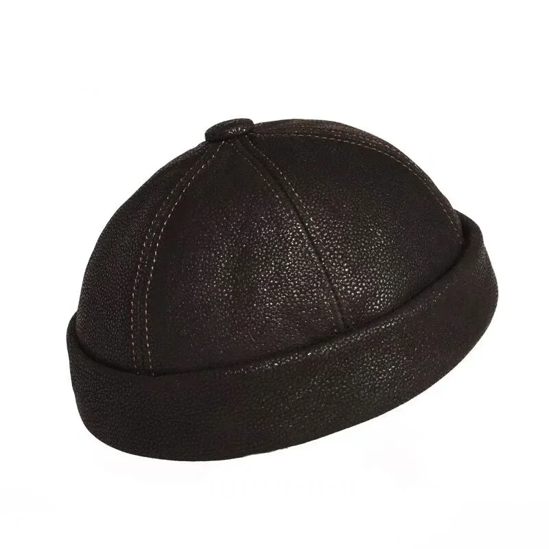 Retro Real Leather Hat Chinese style Hat Sheepskin Cap Brimless Hat Warm Round Male Caps Fashion Winter And Autumn Luxury Hats