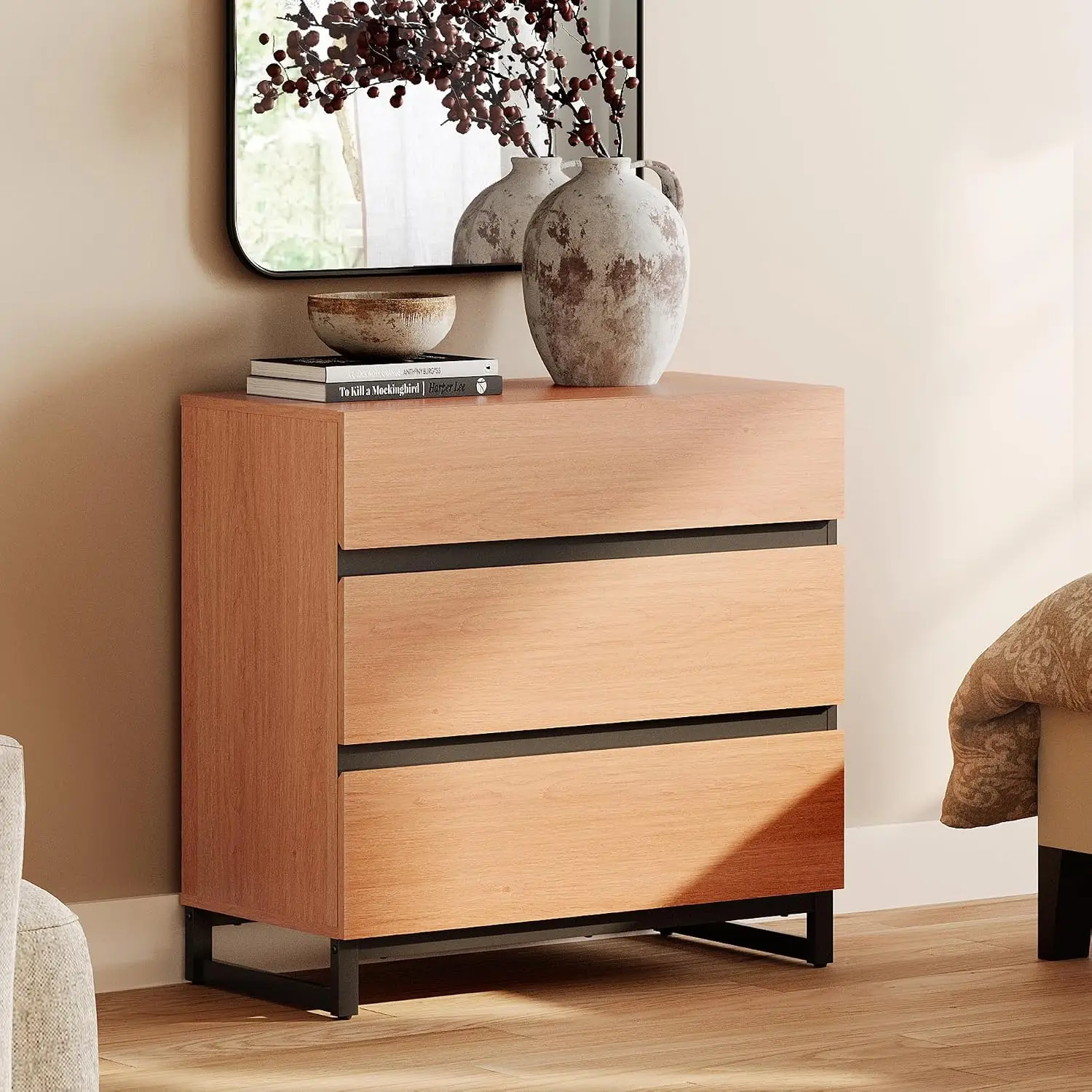 Rustic Nightstand With 3 Drawers & Black Metal Legs, Modern Wood Bedside Side Table For Bedroom, Mocha, 2 Pcs, Customized