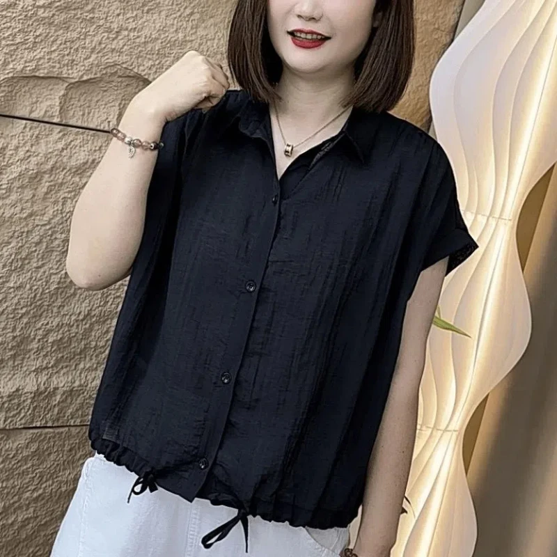 Camicia dal temperamento solido Top Casual Estate Nuova manica corta Allentata All-match Coulisse Camicetta vintage Moda Abbigliamento donna