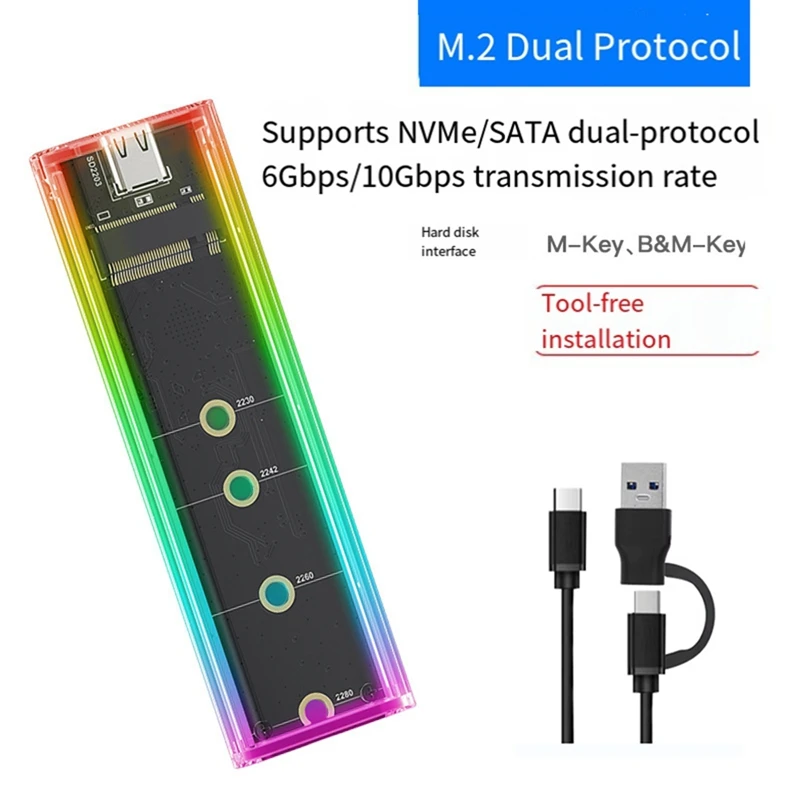 Unidad de estado sólido M.2, carcasa SSD NVME NGFF, protocolo Dual, luz RGB, carcasa SSD Nvme M2, compatible con UASP para ordenador portátil